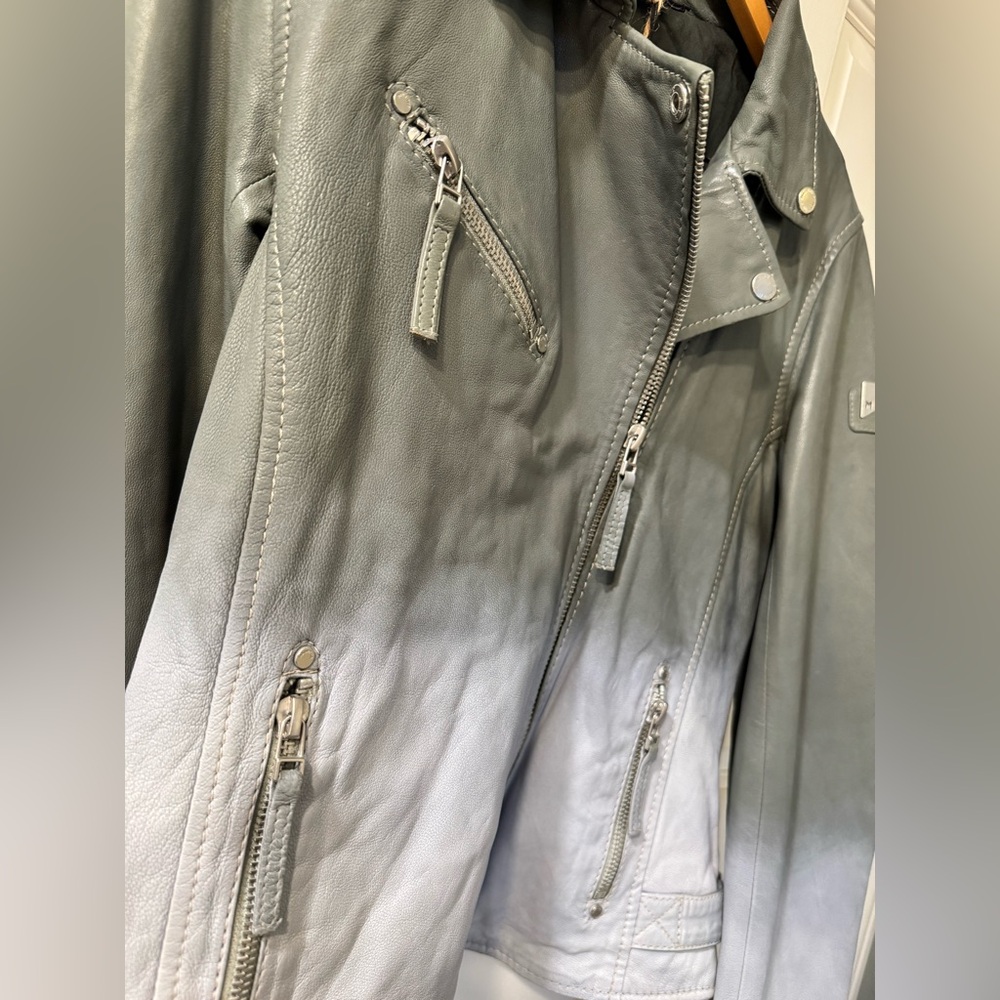 MAURITIUS Debbie RF Leather Jacket Ombre Sage Green White Large boho biker - Picture 11 of 16